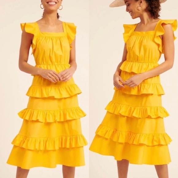RACHEL PARCELL COTTON POPLIN FLUTTER SLEEVE RUFFLE TIER AMBER YELLOW MIDI DRESS - Picture 11 of 11